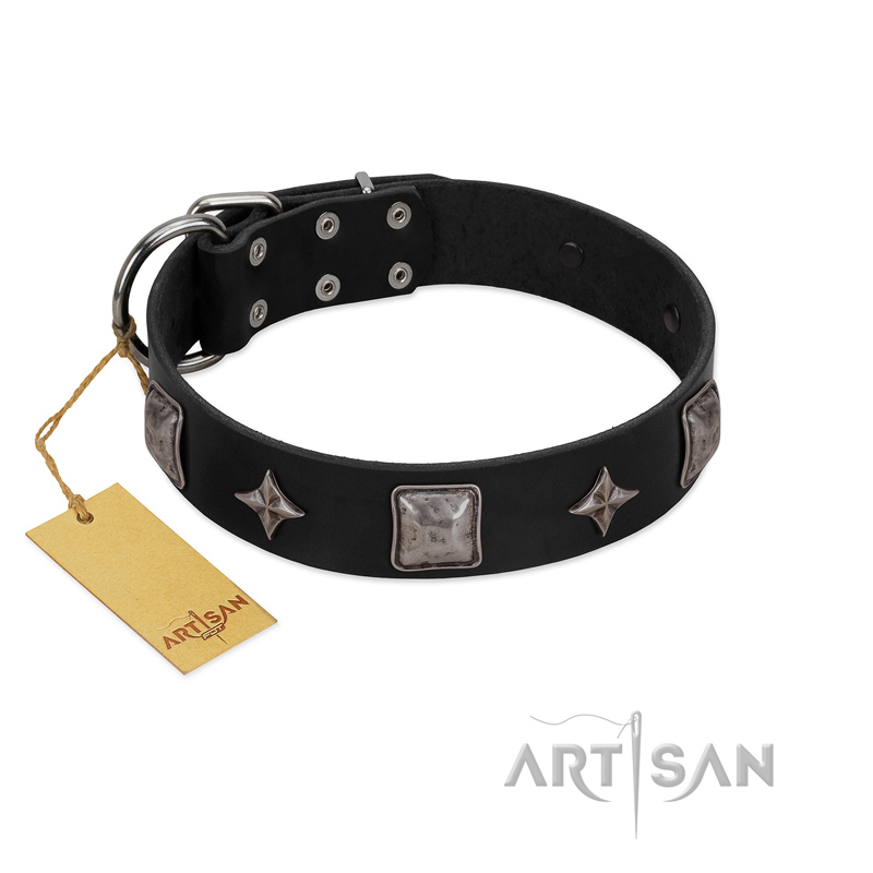 "Black Cavalier" Handmade FDT Artisan Black Leather English Bulldog Collar with Silver-Like Stars and Large Plates