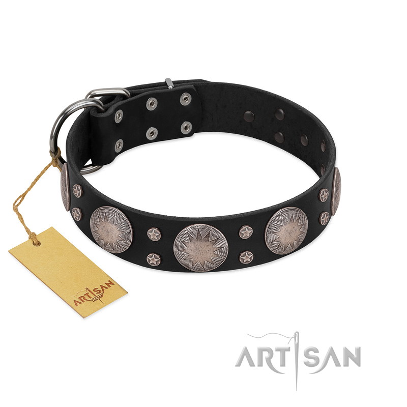 "Starry Sky" Trendy FDT Artisan Black Leather English Bulldog Collar with Large Brooches