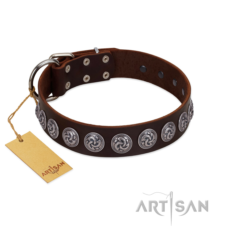 "Charming Circles" FDT Artisan Brown Leather English Bulldog Collar with Silver-like Studs