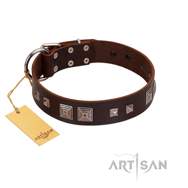 "Object of Virtu" FDT Artisan Brown Leather English Bulldog Collar with Old Silver-like Square Studs and Pyramids