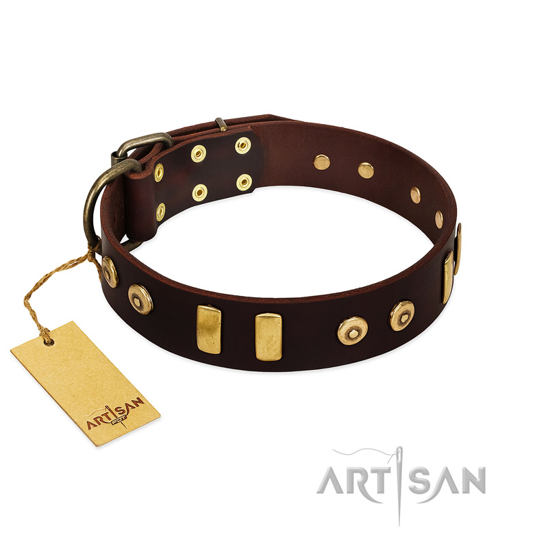 "Lord of Dogs" FDT Artisan Brown Leather English Bulldog Collar with Old Bronze-like Dotted Studs and Tiles