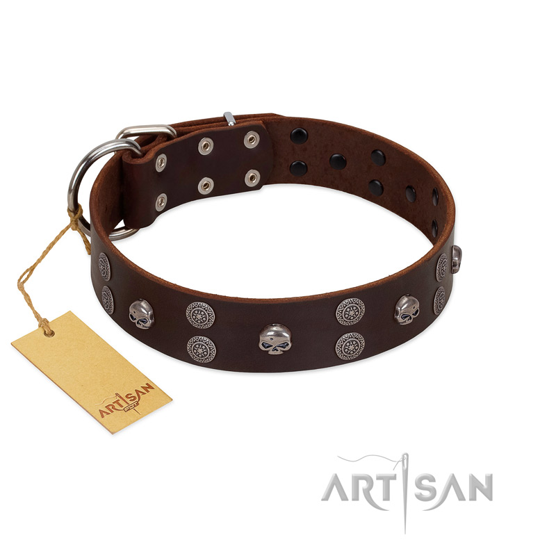 "Skull Valley" Handcrafted FDT Artisan Brown Leather English Bulldog Collar with Skulls
