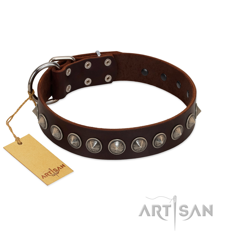 "Gothic Style" FDT Artisan Fancy Brown Leather English Bulldog Collar with Silver-Like Decorations - Click Image to Close