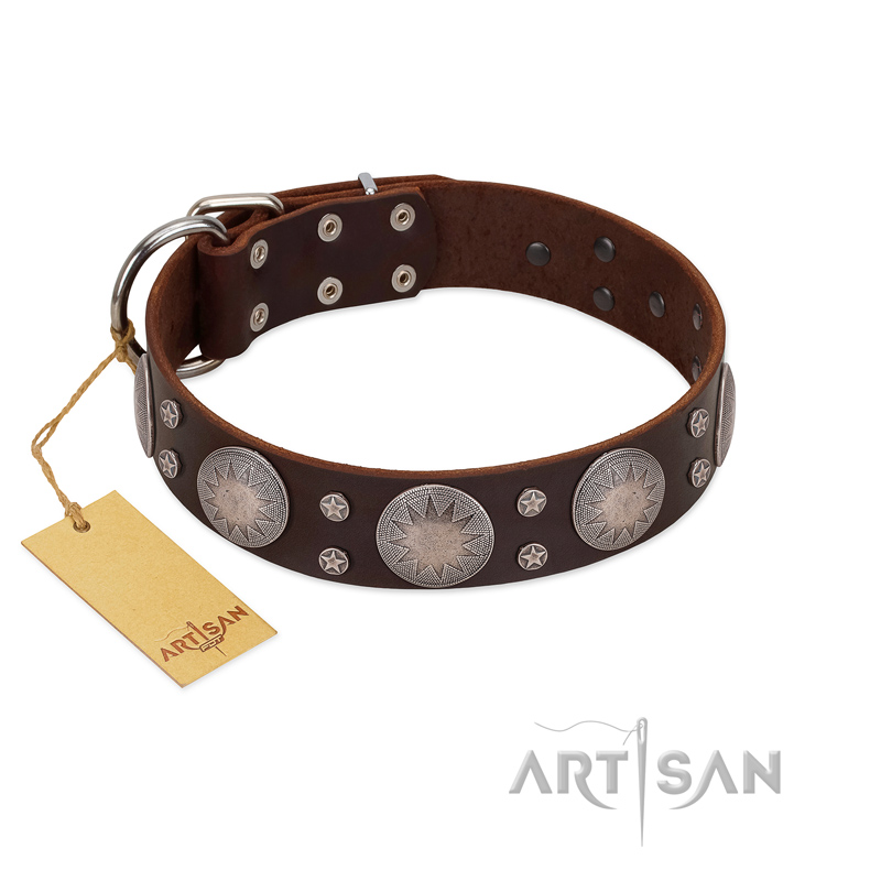 "Imperial Legate" FDT Artisan Brown Leather English Bulldog Collar with Big Round Plates - Click Image to Close