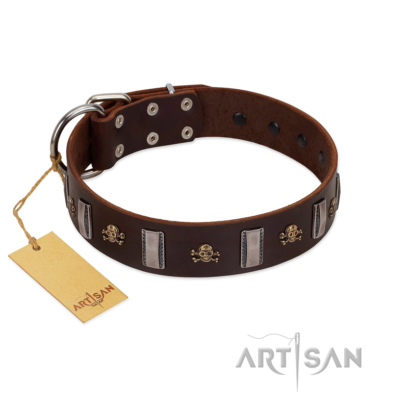 "War Chief" FDT Artisan Genuine Brown Leather English Bulldog Collar with Skulls and Plates