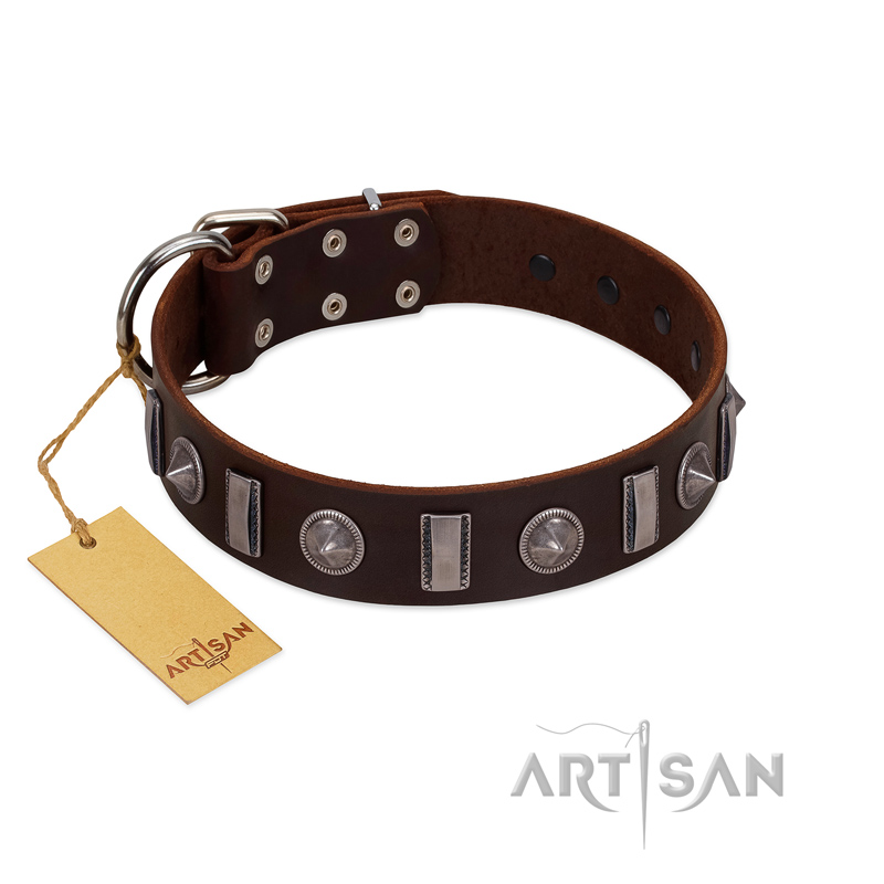 "Spiky Way" FDT Artisan Brown Leather English Bulldog Collar with Silver-Like Decorations - Click Image to Close