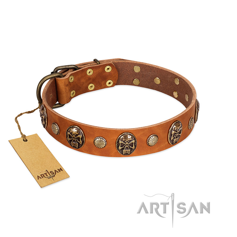 "Call of Feat" FDT Artisan Tan Leather English Bulldog Collar with Old Bronze-like Studs and Oval Brooches