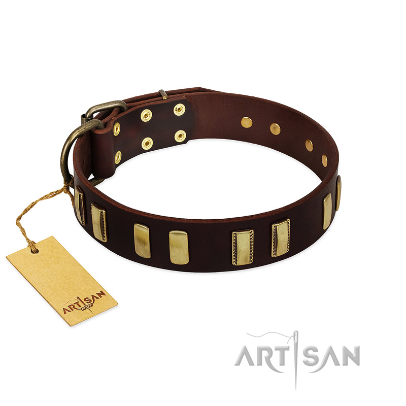 "Peace and Harmony" FDT Artisan Brown Leather English Bulldog Collar with Plates - Click Image to Close