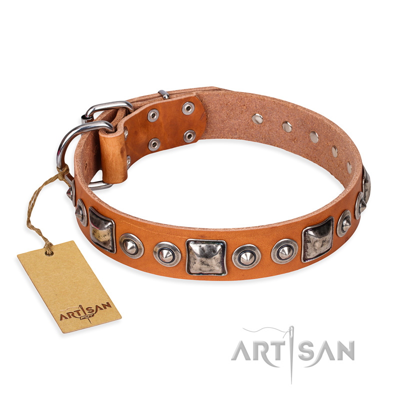 "Era of Future" FDT Artisan Handcrafted Tan Leather English Bulldog Collar with Decorations