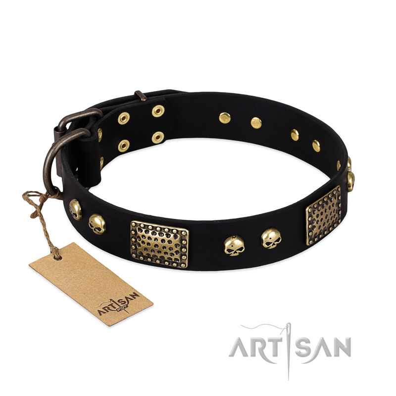 "Biker Style" FDT Artisan Black Leather English Bulldog Collar with Old Bronze Look Plates and Skulls
