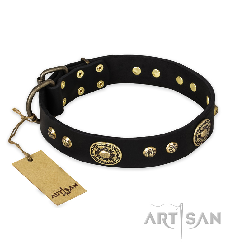 "High Fashion" FDT Artisan Studded with Plates Black Leather English Bulldog Collar