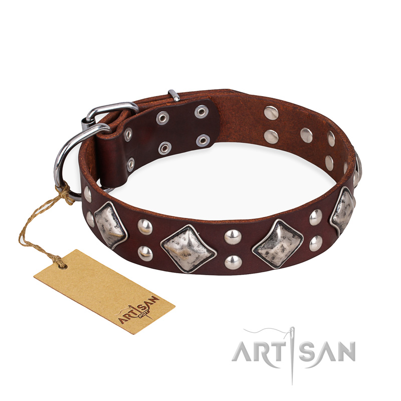"King of Grace" FDT Artisan Stylish Leather English Bulldog Collar with Old Silver-Like Plated Decorations
