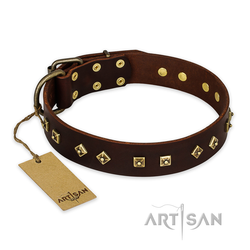 "Fashion Studs" FDT Artisan Decorated Leather English Bulldog Collar with Old Bronze-Plated Steel Hardware