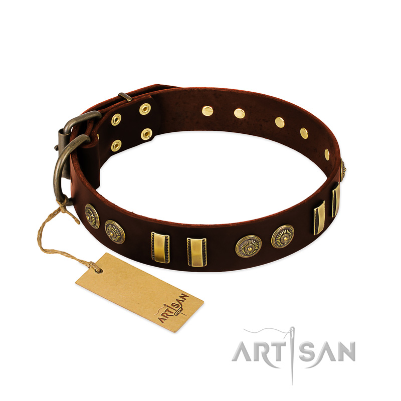 "Golden Elegance" FDT Artisan Brown Leather English Bulldog Collar with Old Bronze-like Decorations