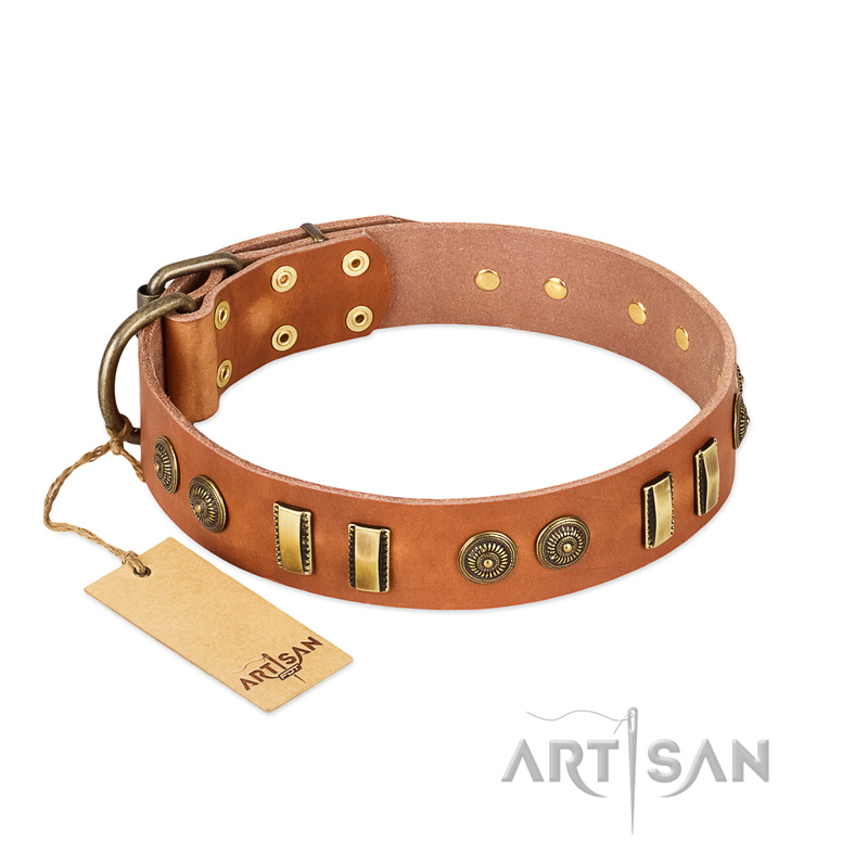 "Natural Beauty" FDT Artisan Tan Leather English Bulldog Collar with Old Bronze-like Circles and Plates - Click Image to Close