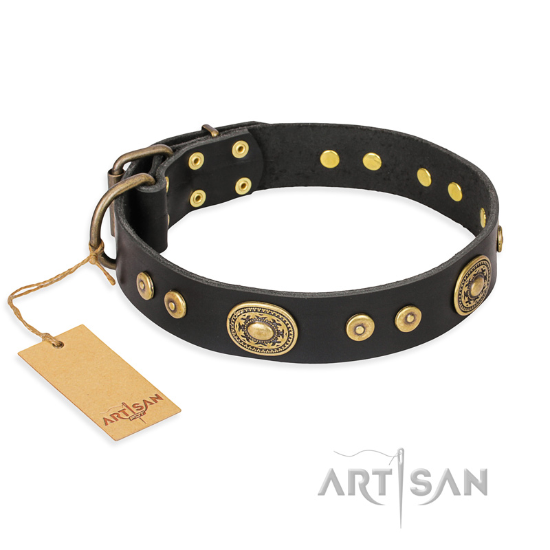 "Golden Radiance" FDT Artisan Black Leather English Bulldog Collar with Old Bronze Look Ovals and Circles