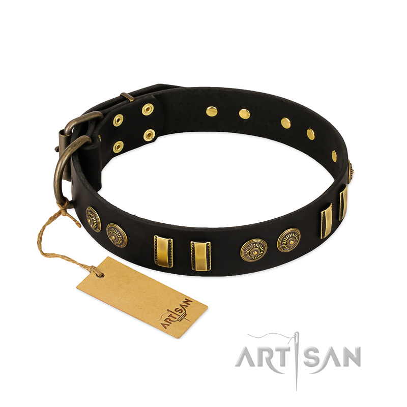 "Simple Elegance" FDT Artisan Black Leather English Bulldog Collar with Old Bronze-like Plates and Circles