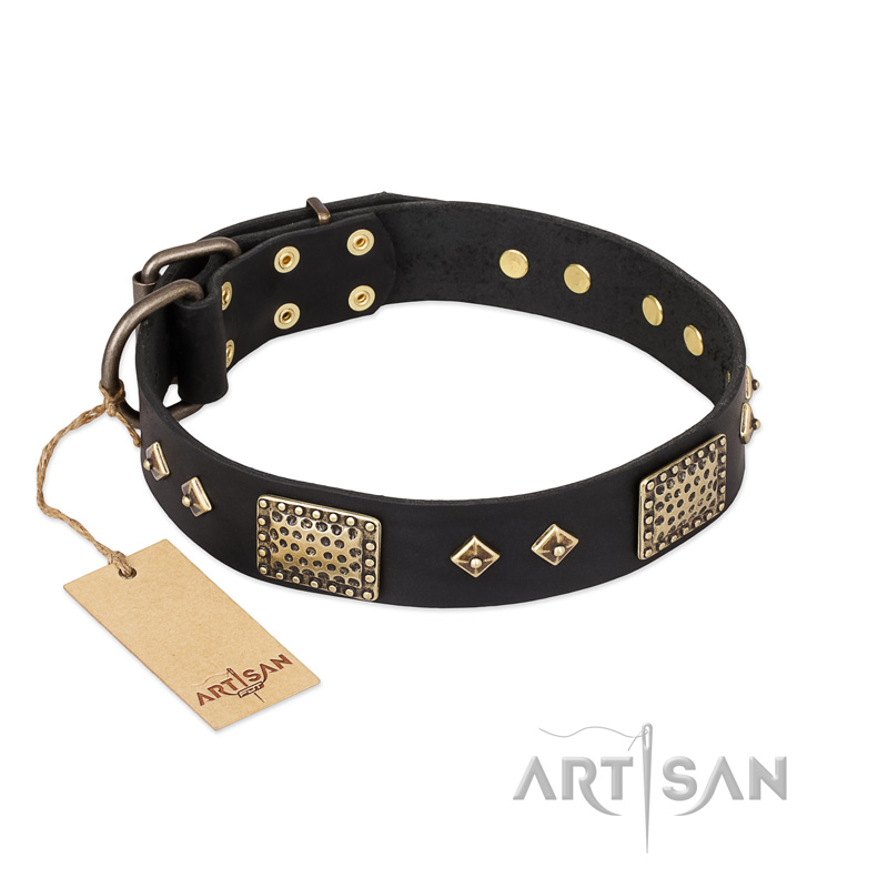 "Jewel Passion" FDT Artisan Fashionable Black Leather English Bulldog Collar