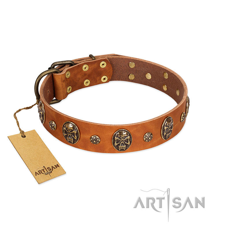 "Rockstar" FDT Artisan Tan Leather English Bulldog Collar with Engraved Studs and Medallions