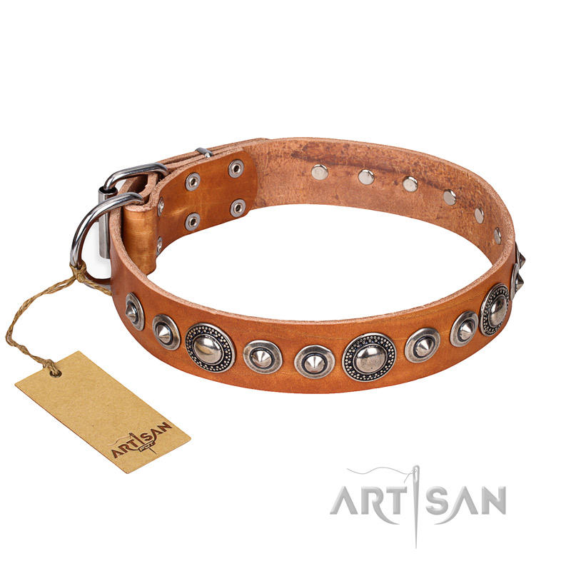 "Daily Chic" FDT Artisan Tan Leather English Bulldog Collar with Decorations - Click Image to Close