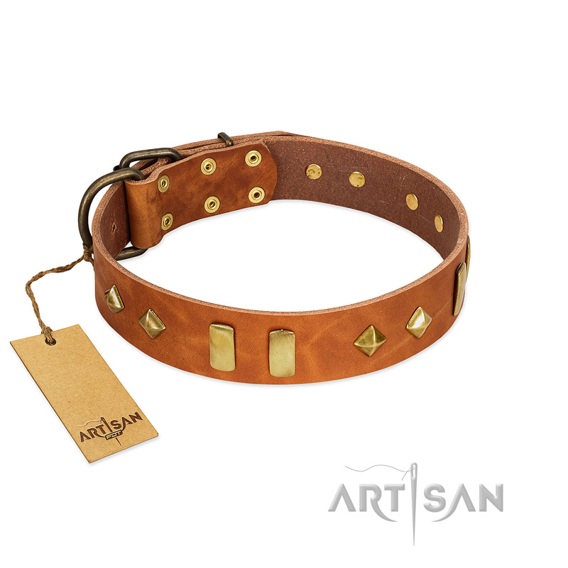 "Woofy Dawn" FDT Artisan Tan Leather English Bulldog Collar with Plates and Rhombs