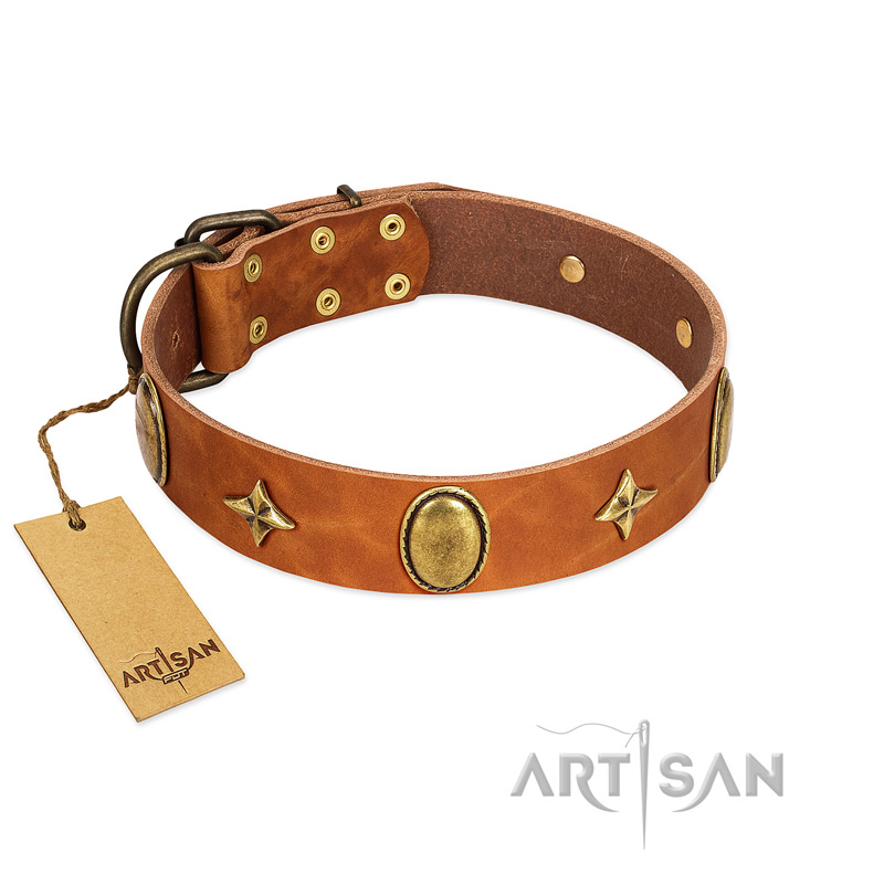 "Space Warrior" FDT Artisan Tan Leather English Bulldog Collar with Ovals and Stars