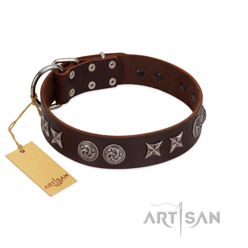 "Silver Sunset" Designer Handmade FDT Artisan Brown Leather English Bulldog Collar - Click Image to Close