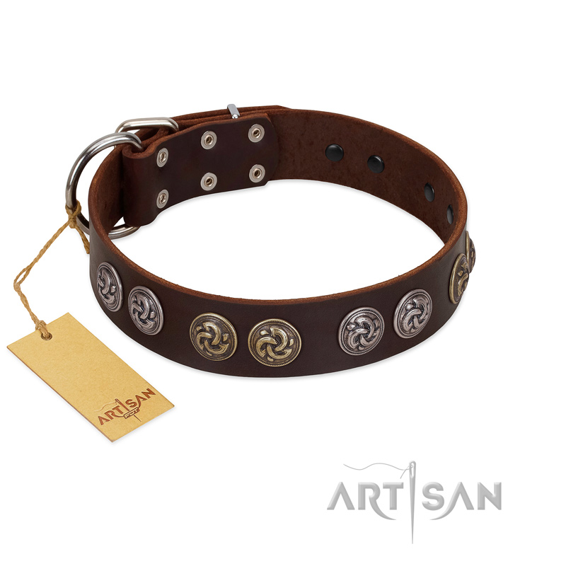 "Treasure Hunter" FDT Artisan Brown Leather English Bulldog Collar with Old-Bronze-like and Silvery Medallions