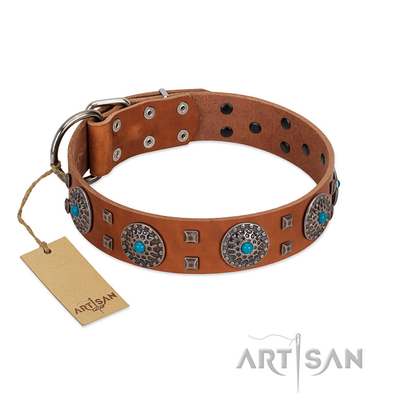 "Blue Sands" FDT Artisan Tan Leather English Bulldog Collar with Silver-like Studs and Round Conchos with Stones