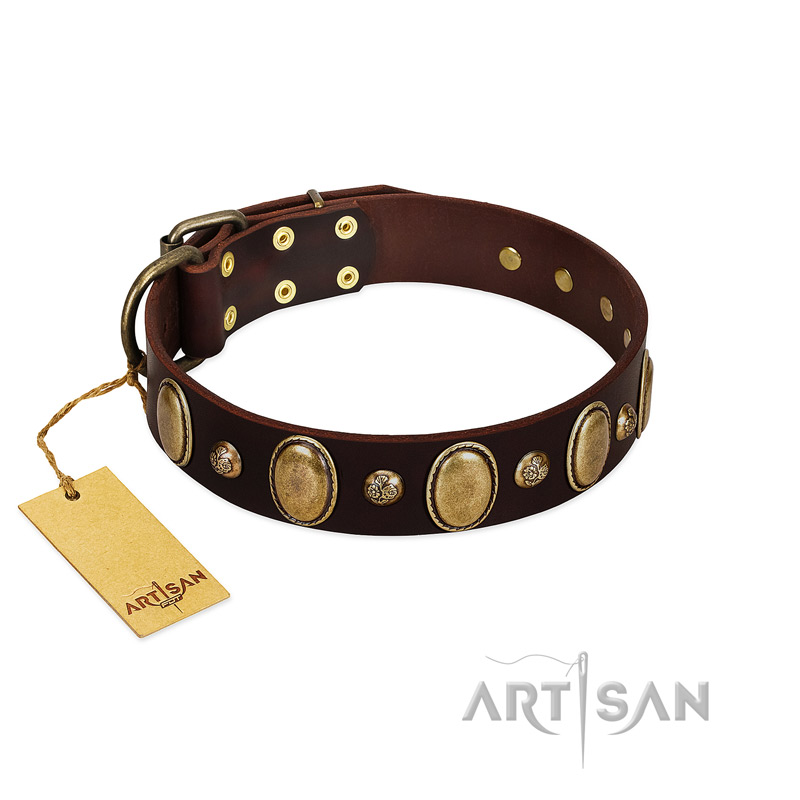 "Natural Grace" FDT Artisan Handmade Decorated Brown Leather English Bulldog Collar