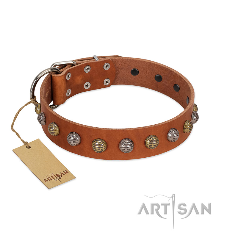 "Dogue-Vogue" FDT Artisan Tan Leather English Bulldog Collar with Engraved Chrome-plated Studs