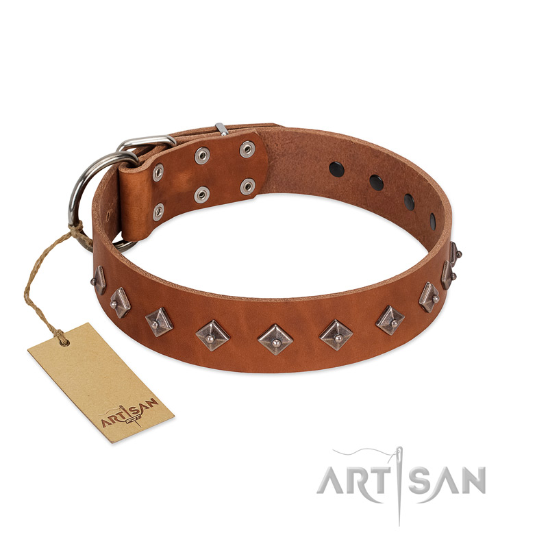 "Broadway" Handmade FDT Artisan Tan Leather English Bulldog Collar with Dotted Pyramids