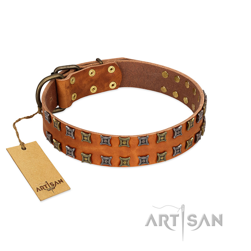 "Terra-cotta" FDT Artisan Tan Leather English Bulldog Collar with Two Rows of Studs