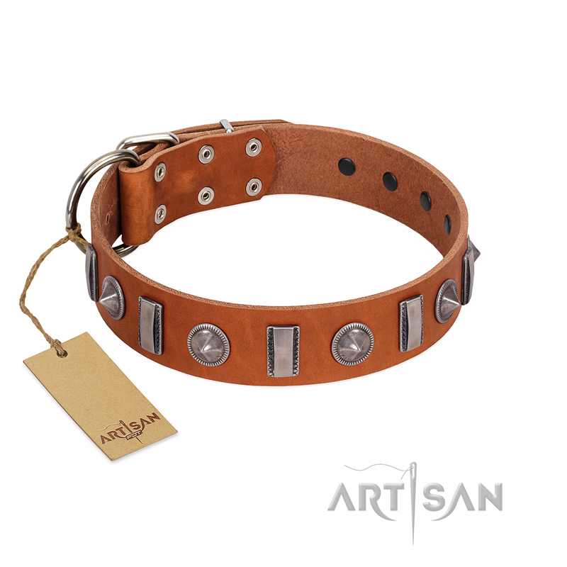 "Luxurious Necklace" FDT Artisan Tan Leather English Bulldog Collar with Silver-Like Adornments
