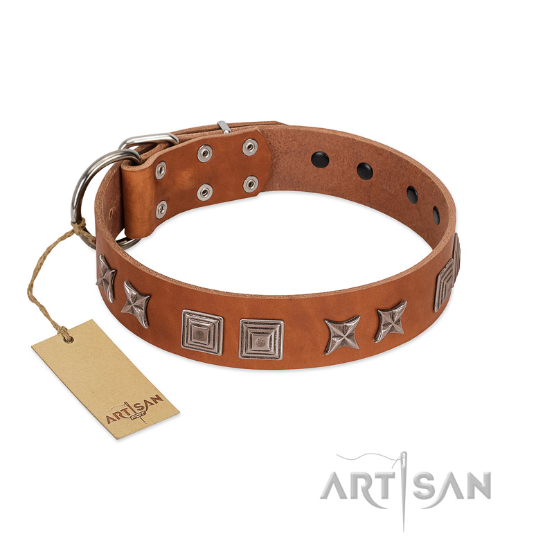 "Antique Figures" FDT Artisan Tan Leather English Bulldog Collar with Silver-like Engraved Plates
