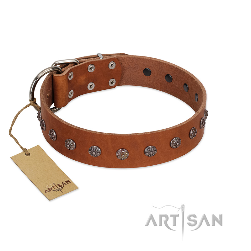 "Daintiness" Designer Handmade FDT Artisan Tan Leather English Bulldog Collar with Silver-Like Adornments