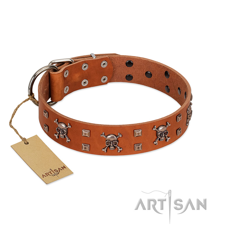 "Rebellious Nature" FDT Artisan Tan Leather English Bulldog Collar Embellished with Crossbones and Square Studs