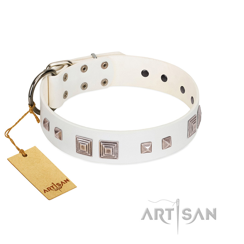 "Pure Quadratic" Designer Handmade FDT Artisan White Leather English Bulldog Collar