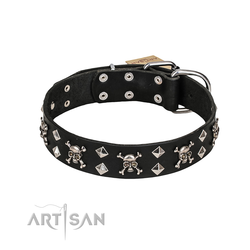 FDT Artisan 'Rock 'n' Roll Style' Fancy Leather English Bulldog Collar with Skulls, Bones and Studs 1 1/2 inch (40 mm) wide