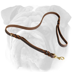 Stylish leather English Bulldog leash with braids